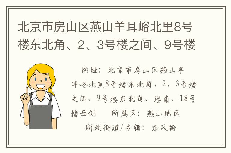 北京市房山區(qū)燕山羊耳峪北里8號(hào)樓東北角、2、3號(hào)樓之間、9號(hào)樓東北角、樓南、18號(hào)樓西側(cè)
